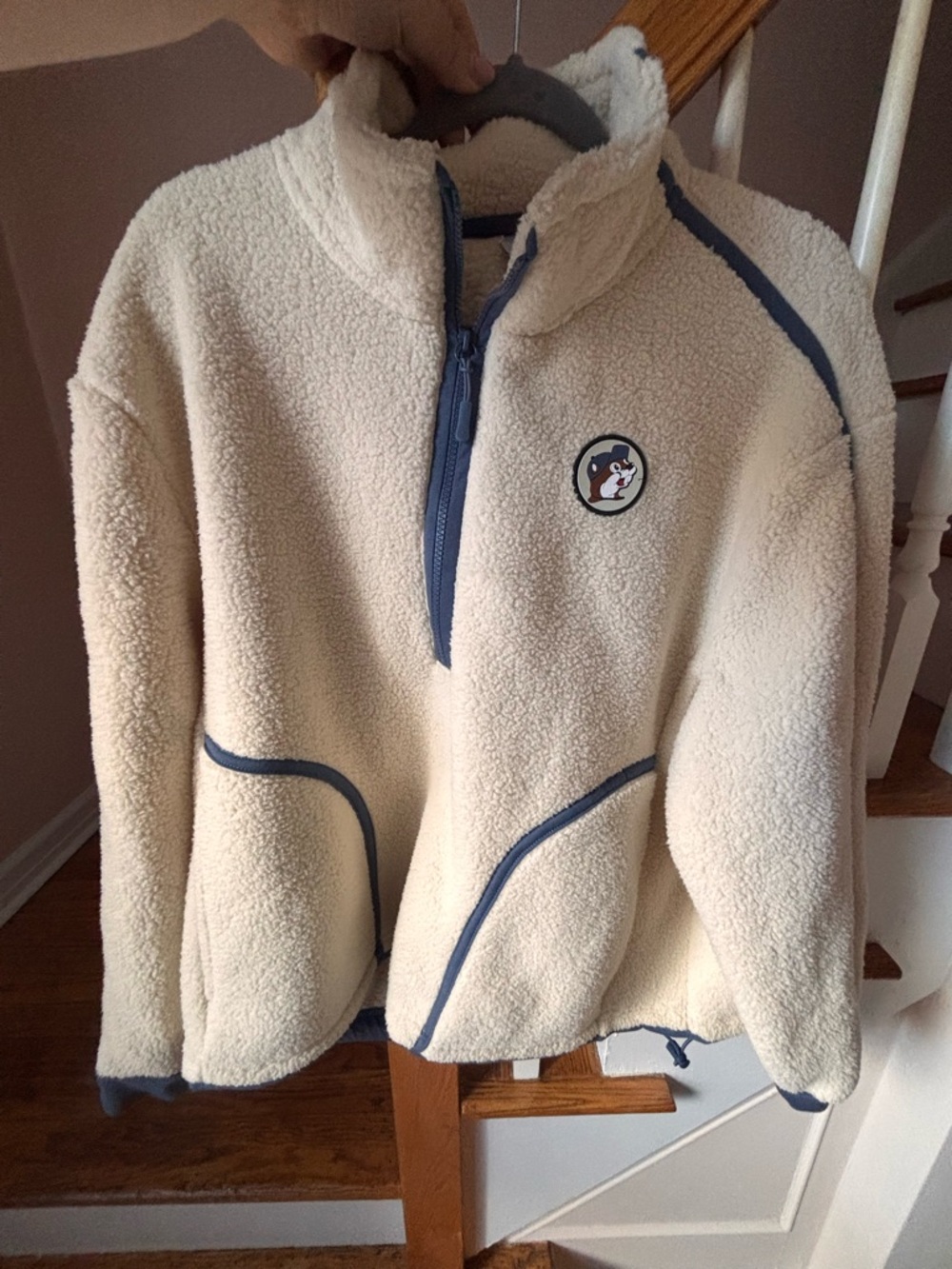 Cozy Cream Sherpa Pullover with Blue Trim